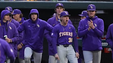 LSU celebrates during the college baseball game between the University of Oklahoma Sooners and the LSU Tigers at L. Dale Mitchell Park in Norman, Okla., Thursday, April, 3, 2025.