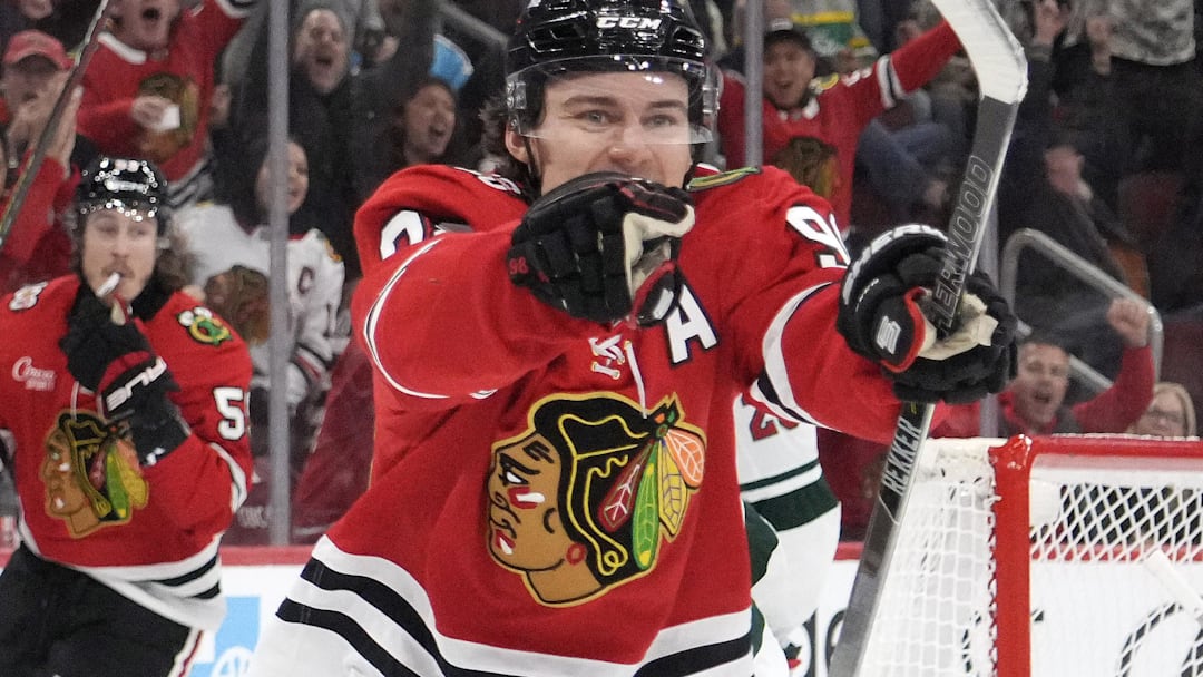 Nov 26, 2025; Chicago, Illinois, USA; Chicago Blackhawks center Connor Bedard (98) celebrates his gaol against the Minnesota Wild during the second period at United Center. Mandatory Credit: David Banks-Imagn Images Nov 26, 2025; Chicago, Illinois, USA; Chicago Blackhawks center Connor Bedard (98) celebrates his gaol against the Minnesota Wild during the second period at United Center. Mandatory Credit: David Banks-Imagn Images