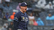 Tampa Bay Rays relief pitcher Pete Fairbanks (29) reacts after striking out the side against New York in the ninth inning.