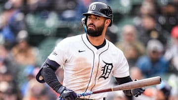 Detroit Tigers left fielder Riley Greene (31) reacts after strikes out against New York Yankees during the eighth inning at Comerica Park in Detroit on Wednesday, April 9, 2025.