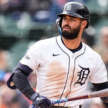 Detroit Tigers left fielder Riley Greene (31) reacts after strikes out against New York Yankees during the eighth inning at Comerica Park in Detroit on Wednesday, April 9, 2025.