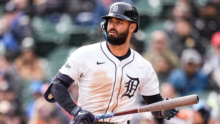 Detroit Tigers left fielder Riley Greene (31) reacts after strikes out against New York Yankees during the eighth inning at Comerica Park in Detroit on Wednesday, April 9, 2025. Detroit Tigers left fielder Riley Greene (31) reacts after strikes out against New York Yankees during the eighth inning at Comerica Park in Detroit on Wednesday, April 9, 2025.