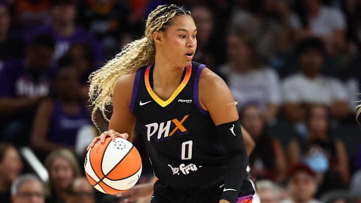 Sep 9, 2025; Phoenix, Arizona, USA; Phoenix Mercury forward Satou Sabally (0) against the Los Angeles Sparks during a WNBA game at PHX Arena. Mandatory Credit: Mark J. Rebilas-Imagn Images
