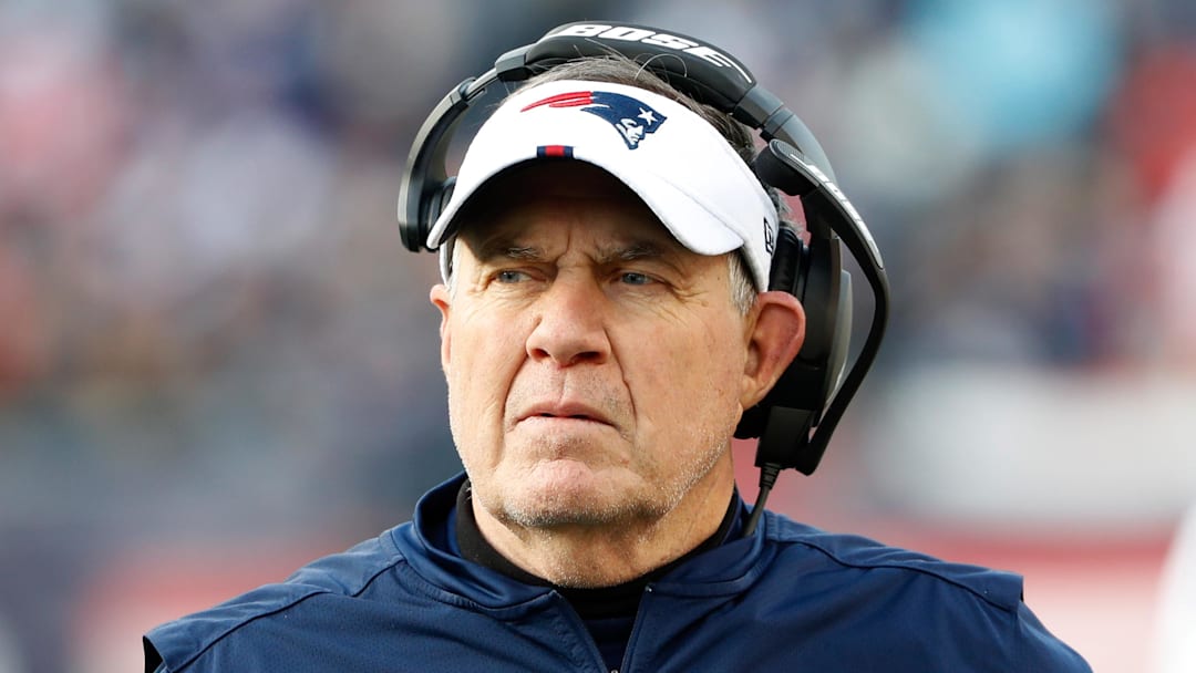 Dec 29, 2019; Foxborough, Massachusetts, USA; New England Patriots head coach Bill Belichick looks on during the first half against the Miami Dolphins at Gillette Stadium. Mandatory Credit: Winslow Townson-Imagn Images