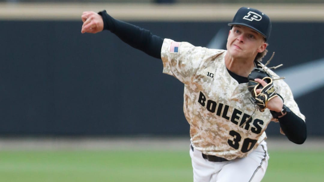 Purdue Boilermakers pitcher Maclane Finley (30) pitches Tuesday, April 1, 2025, during the NCAA baseball game against the NIU Huskies at Alexander Field in West Lafayette, Ind. NIU Huskies won 2-1.