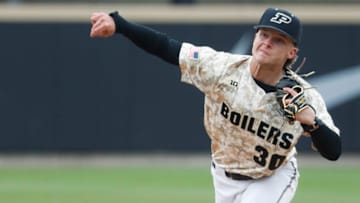 Purdue Boilermakers pitcher Maclane Finley (30) pitches Tuesday, April 1, 2025, during the NCAA baseball game against the NIU Huskies at Alexander Field in West Lafayette, Ind. NIU Huskies won 2-1.