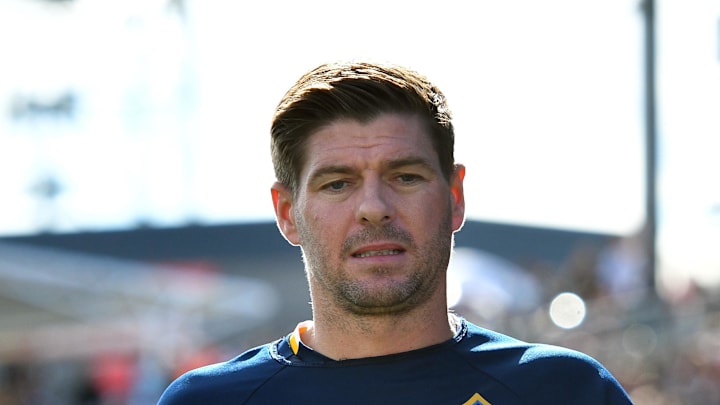Nov 6, 2016; Commerce City, CO, USA; Los Angeles Galaxy midfielder Steven Gerrard (8) warms up in the first half of the playoff match against the Colorado Rapids at Dick's Sporting Goods Park. Mandatory Credit: Ron Chenoy-Imagn Images