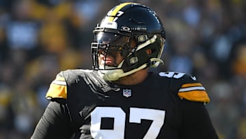 Nov 12, 2023; Pittsburgh, Pennsylvania, USA;  Pittsburgh Steelers defensive tackle Cameron Heyward (97) in between plays against the Green Bay Packers at Acrisure Stadium. Mandatory Credit: Philip G. Pavely-Imagn Images