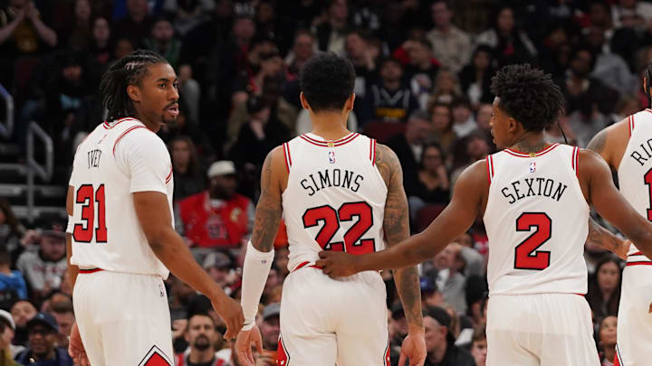 Feb 7, 2026; Chicago, Illinois, USA; Chicago Bulls guard Jaden Ivey (31) guard Anfernee Simons (22) guard Collin Sexton (2) center Nick Richards (13) and forward Isaac Okoro (35) on the court during the second half against the Denver Nuggets. All five players weren’t 0n the team at the start of the season at United Center. Mandatory Credit: David Banks-Imagn Images