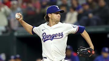 Apr 5, 2025; Arlington, Texas, USA; Texas Rangers starting pitcher Jacob deGrom (48) throws during the first inning against the Tampa Bay Rays at Globe Life Field. Mandatory Credit: Kevin Jairaj-Imagn Images