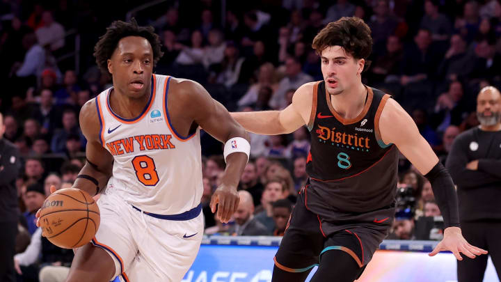 Jan 18, 2024; New York, New York, USA; New York Knicks forward OG Anunoby (8) drives to the basket against Washington Wizards forward Deni Avdija (8) during the second quarter at Madison Square Garden. Mandatory Credit: Brad Penner-USA TODAY Sports