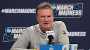 Mar 20, 2024; Salt Lake City, UT, USA; Kansas Jayhawks head coach Bill Self addresses the media during the NCAA first round practice session at Delta Center. Mandatory Credit: Rob Gray-Imagn Images