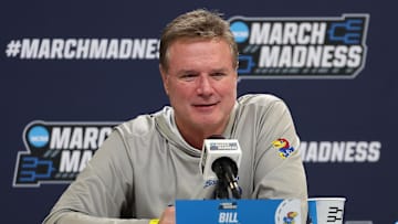 Mar 20, 2024; Salt Lake City, UT, USA; Kansas Jayhawks head coach Bill Self addresses the media during the NCAA first round practice session at Delta Center. Mandatory Credit: Rob Gray-Imagn Images