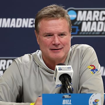 Mar 20, 2024; Salt Lake City, UT, USA; Kansas Jayhawks head coach Bill Self addresses the media during the NCAA first round practice session at Delta Center. Mandatory Credit: Rob Gray-Imagn Images