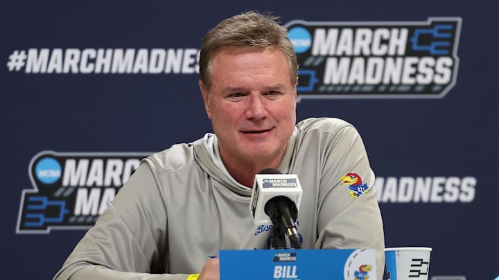 Mar 20, 2024; Salt Lake City, UT, USA; Kansas Jayhawks head coach Bill Self addresses the media during the NCAA first round practice session at Delta Center. Mandatory Credit: Rob Gray-Imagn Images