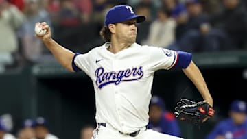 Apr 5, 2025; Arlington, Texas, USA; Texas Rangers starting pitcher Jacob deGrom (48) throws during the first inning against the Tampa Bay Rays at Globe Life Field. Mandatory Credit: 