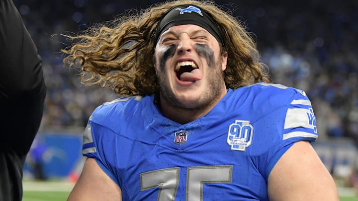 Detroit Lions offensive tackle Colby Sorsdal (75) celebrates after a 2024 NFC wild-card game against the Los Angeles Rams at Ford Field.