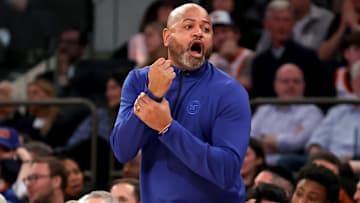 Detroit Pistons head coach J.B. Bickerstaff coaches against the New York Knicks during the third quarter of game two of the first round of the 2024 NBA Playoffs at Madison Square Garden.