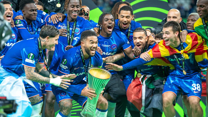 Reece James lifed the UEFA Conference League trophy.