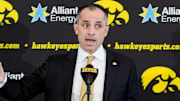 Ben McCollum, Iowa's new head men's basketball coach, speaks during his introductory press conference Tuesday, March 25, 2025 at Carver-Hawkeye Arena in Iowa City, Iowa.