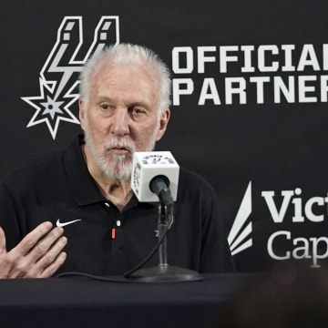 Oct 2, 2023; San Antonio, TX, USA; San Antonio Spurs head coach Gregg Popovich addresses the media during media day in San Antonio. Mandatory Credit: Scott Wachter-USA TODAY Sports