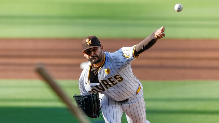 Aug 3, 2024; San Diego, California, USA; San Diego Padres starting pitcher Martin Perez (54) throws against the Colorado Rockies during the first inning at Petco Park. Mandatory Credit: David Frerker-USA TODAY Sports