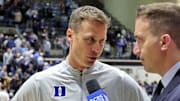 Nov 11, 2025; West Point, New York, USA; Duke Blue Devils head coach Jon Scheyer speaks with CBS after a 114-59 win against the Army Black Knights at Christl Arena. Mandatory Credit: Danny Wild-Imagn Images