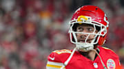 Oct 27, 2025; Kansas City, Missouri, USA; Kansas City Chiefs tight end Travis Kelce (87) reacts after an interception by the Washington Commanders during the second quarter of the game at GEHA Field at Arrowhead Stadium. 