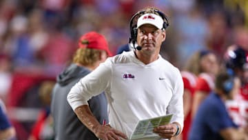 Oct 12, 2024; Baton Rouge, Louisiana, USA;  Mississippi Rebels head coach Lane Kiffin looks on during the second half against the LSU Tigers at Tiger Stadium. Mandatory Credit: Stephen Lew-Imagn Images