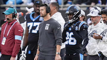 Nov 24, 2024; Charlotte, North Carolina, USA;  Carolina Panthers head coach Dave Canales watches his defense against the Kansas City Chiefs during the second half at Bank of America Stadium.