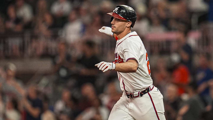 Atlanta Braves first baseman Matt Olson (28) reacts after hitting a home run against the New York Mets during the seventh inning at Truist Park on June 18. Atlanta Braves first baseman Matt Olson (28) reacts after hitting a home run against the New York Mets during the seventh inning at Truist Park on June 18.