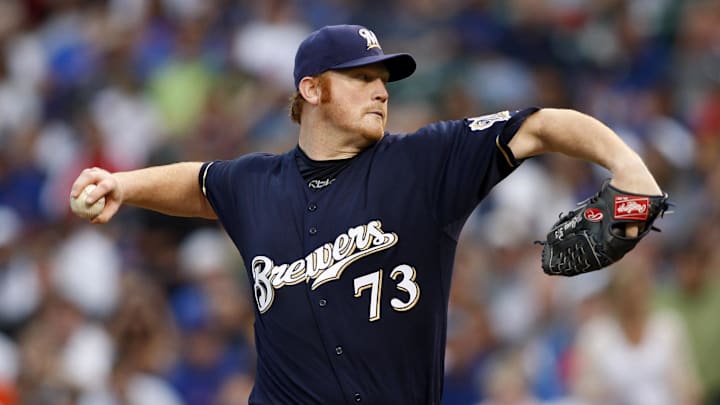 July 2, 2009; Chicago, IL, USA; Milwaukee Brewers starting pitcher Seth McClung (73) delivers a pitch during the first inning against the Chicago Cubs at Wrigley Field. Mandatory Credit: Jerry Lai-Imagn Images
