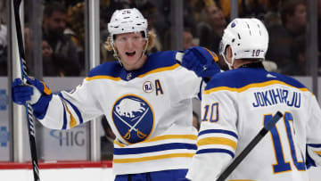 Jan 6, 2024; Pittsburgh, Pennsylvania, USA;  Buffalo Sabres defenseman Rasmus Dahlin (26) celebrates with defenseman Henri Jokiharju (10) after scoring a goal against the Pittsburgh Penguins during the third period at PPG Paints Arena. Buffalo won 3-1. Mandatory Credit: Charles LeClaire-USA TODAY Sports