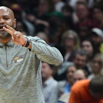 Mar 5, 2024; Cleveland, Ohio, USA;  Cleveland Cavaliers head coach J.B. Bickerstaff reacts during the first half against the Boston Celtics at Rocket Mortgage FieldHouse. Mandatory Credit: Ken Blaze-USA TODAY Sports