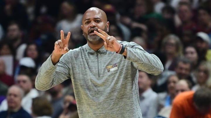 Mar 5, 2024; Cleveland, Ohio, USA;  Cleveland Cavaliers head coach J.B. Bickerstaff reacts during the first half against the Boston Celtics at Rocket Mortgage FieldHouse. Mandatory Credit: Ken Blaze-USA TODAY Sports