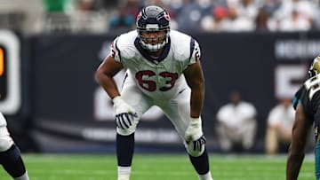 Sep 10, 2017; Houston, TX, USA; Houston Texans offensive tackle Kendall Lamm (63) at the line of scrimmage during the fourth quarter against the Jacksonville Jaguars at NRG Stadium.