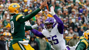 Minnesota Vikings linebacker Eric Wilson (55) pressures Green Bay Packers quarterback Jordan Love (10) as Love passes the ball on Sunday, November 23, 2025, at Lambeau Field in Green Bay, Wis. To