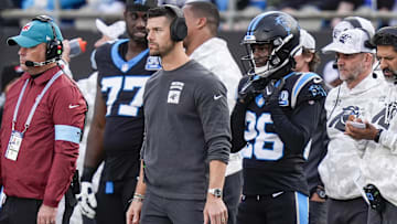 Nov 24, 2024; Charlotte, North Carolina, USA;  arolina Panthers head coach Dave Canales watches his defense against the Kansas City Chiefs during the second half at Bank of America Stadium. Mandatory Credit: Jim Dedmon-Imagn Images
