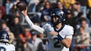 Oct 18, 2025; Chestnut Hill, Massachusetts, USA; UConn Huskies quarterback Joe Fagnano (2) throws a pass during the second half against the Boston College Eagles at Alumni Stadium. Mandatory Credit: Bob DeChiara-Imagn Images