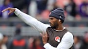 Cleveland Browns quarterback Shedeur Sanders warms up before an NFL football game at Huntington Bank Field, Nov. 16, 2025, in Cleveland, Ohio.