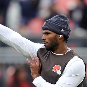 Cleveland Browns quarterback Shedeur Sanders warms up before an NFL football game at Huntington Bank Field, Nov. 16, 2025, in Cleveland, Ohio.