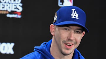 Oct 27, 2024; New York, NY, USA; Los Angeles Dodgers pitcher Walker Buehler speaks at a press conference prior to game three of the World Series against the New York Yankees at Yankees Stadium. 