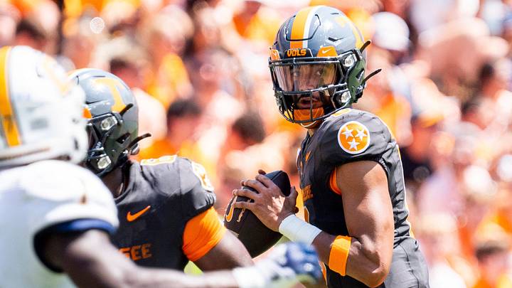 Tennessee quarterback Nico Iamaleava (8) looks to throw during Tennessee's game against Chattanooga in Neyland Stadium in Knoxville on Saturday, Aug. 31, 2024.