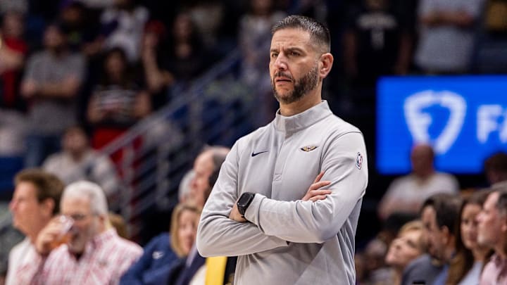 Feb 21, 2026; New Orleans, Louisiana, USA;  New Orleans Pelicans Interim Head Coach James Borrego looks on against the Philadelphia 76ers during the first half at Smoothie King Center. Mandatory Credit: Stephen Lew-Imagn Images
