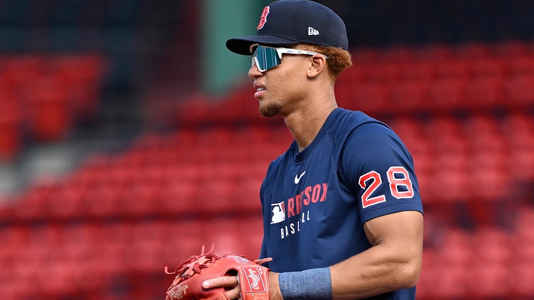 Boston Red Sox second baseman Kristian Campbell (28) warms up before a game against the Atlanta Braves at Fenway Park.
