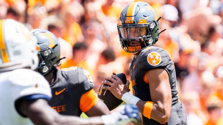 Tennessee quarterback Nico Iamaleava (8) looks to throw during Tennessee's game against Chattanooga in Neyland Stadium in Knoxville on Saturday, Aug. 31, 2024.