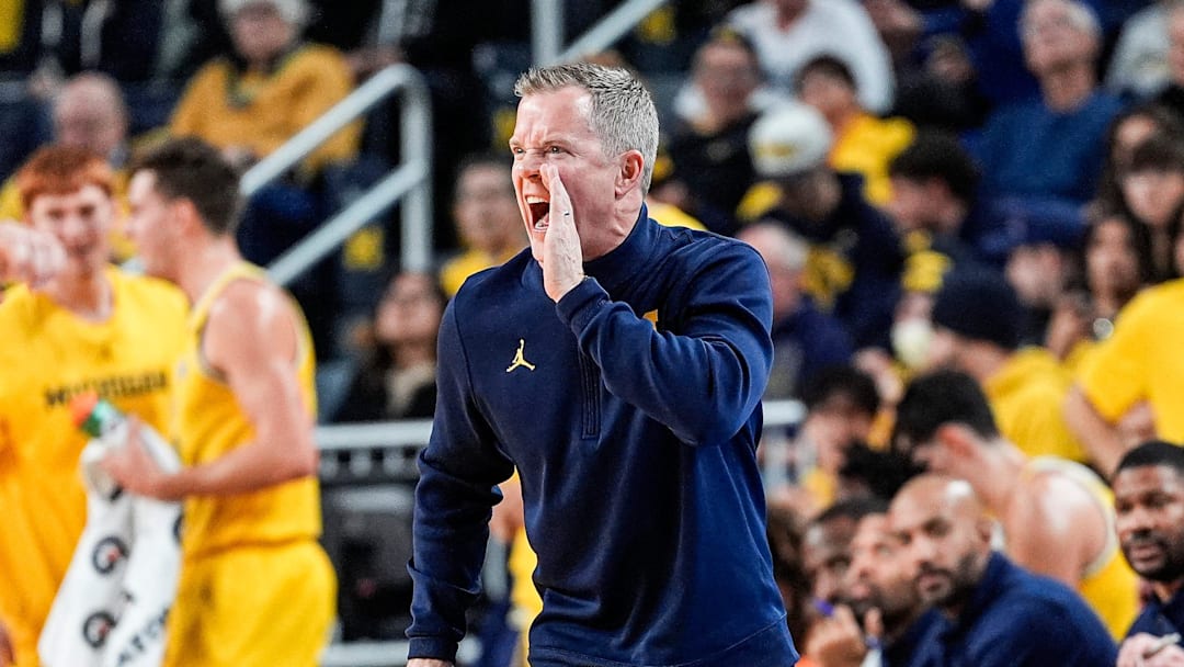 Michigan head coach Dusty May reacts to a play against Villanova during the first half at Crisler Center in Ann Arbor on Tuesday, Dec. 9, 2025. Michigan head coach Dusty May reacts to a play against Villanova during the first half at Crisler Center in Ann Arbor on Tuesday, Dec. 9, 2025.