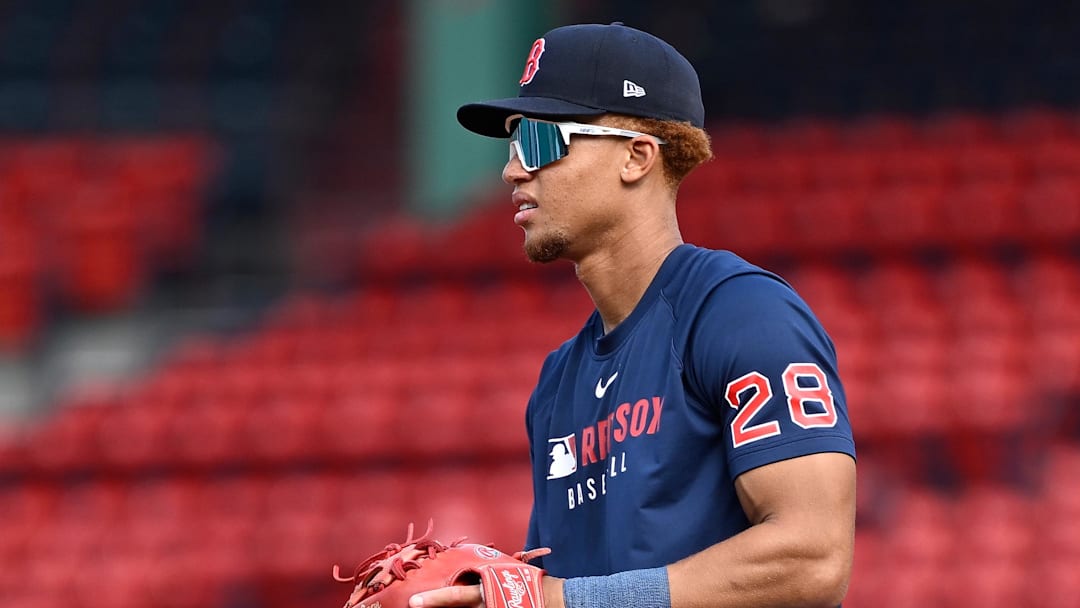 May 16, 2025; Boston, Massachusetts, USA; Boston Red Sox second baseman Kristian Campbell (28) warms up before a game against the Atlanta Braves at Fenway Park. Mandatory Credit: Eric Canha-Imagn Images