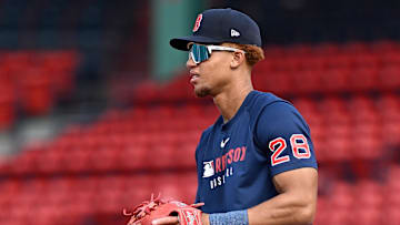 May 16, 2025; Boston, Massachusetts, USA; Boston Red Sox second baseman Kristian Campbell (28) warms up before a game against the Atlanta Braves at Fenway Park. Mandatory Credit: Eric Canha-Imagn Images