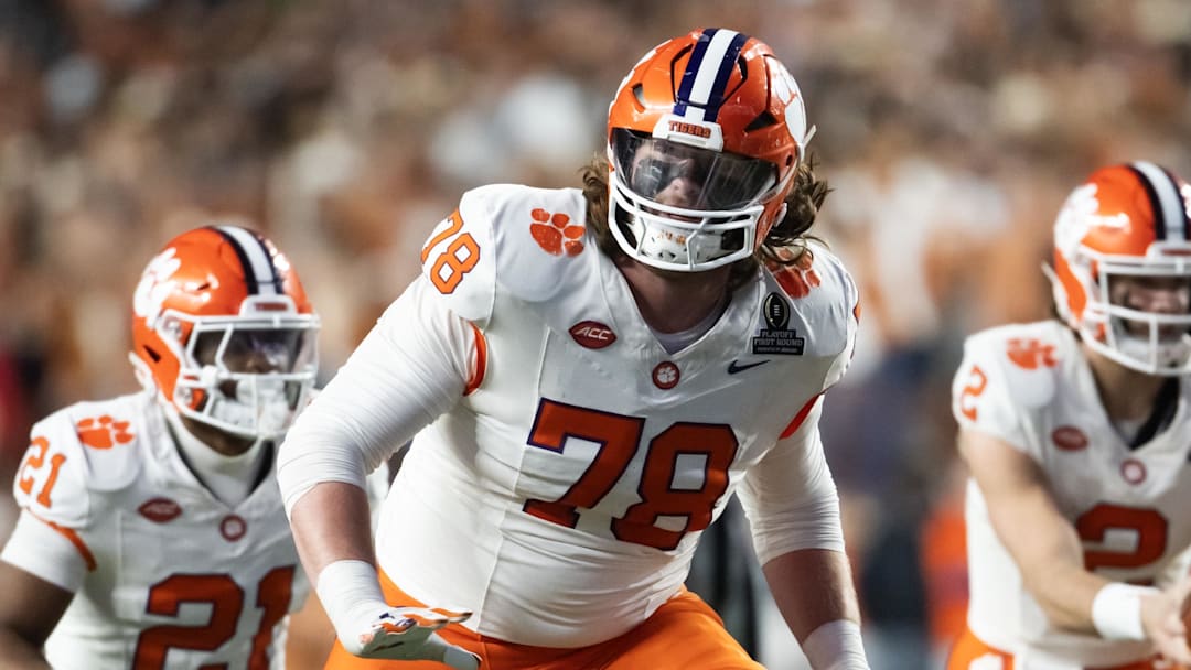Dec 21, 2024; Austin, Texas, USA; Clemson Tigers offensive lineman Blake Miller (78) against the Texas Longhorns during the CFP National playoff first round at Darrell K Royal-Texas Memorial Stadium. Mandatory Credit: Mark J. Rebilas-Imagn Images